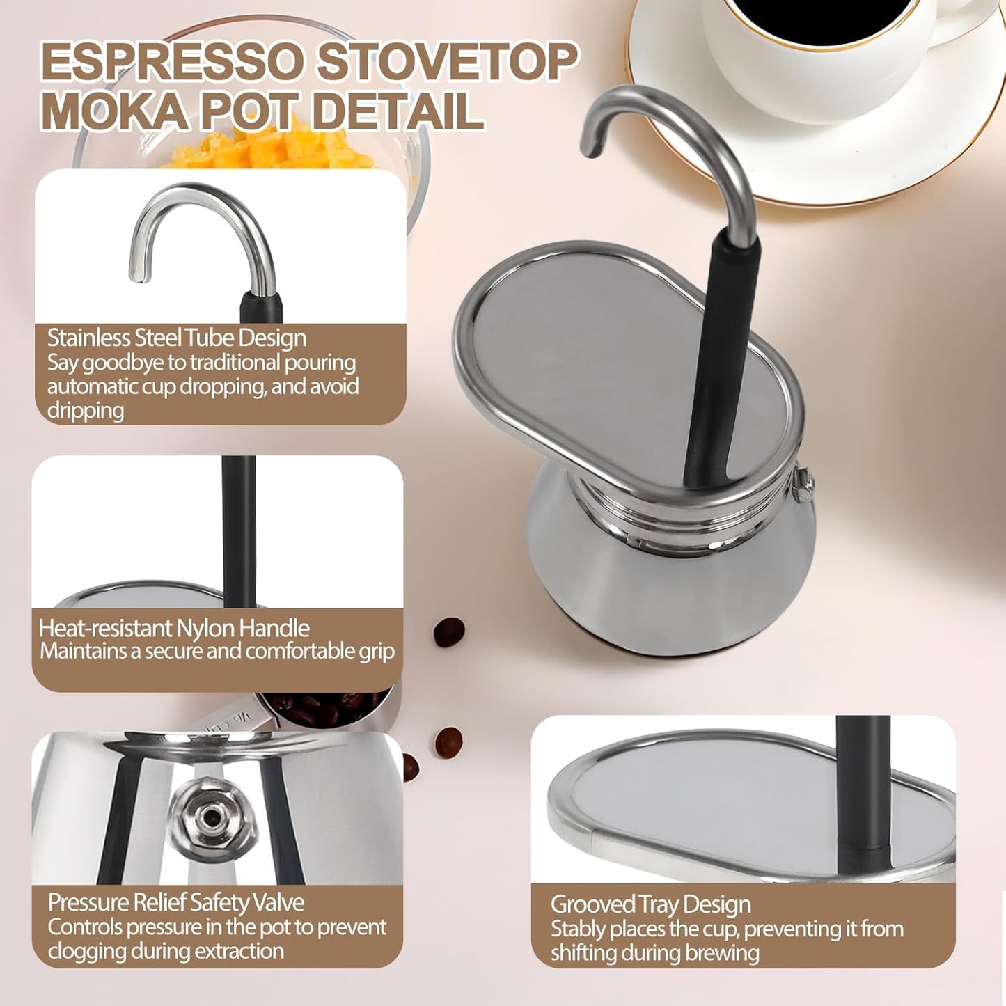 Uncoated 4 Cup Single Tube Moka Pot 304 Thickened Stainless Steel Mini Coffee Maker Stovetop Espresso Coffeemaker Italian Classic Style Brewing Greca Cafe Mocha Machine for Camping Travel Home 310ml