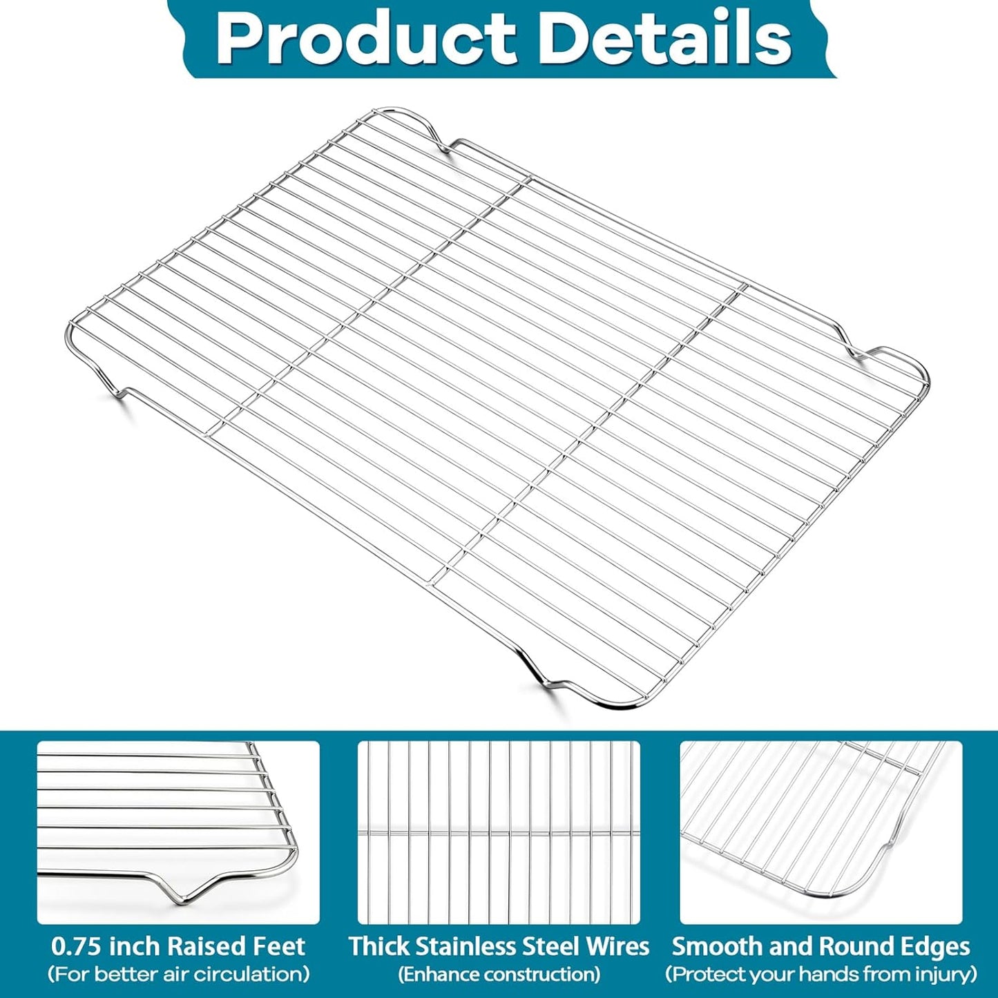 P&P CHEF Baking Cooling Rack Set for Cooking Roasting, 4-Piece Stainless Steel Wire Racks for Oven Use, Healthy & Dishwasher Safe, Rectangle, 16.6 Inch