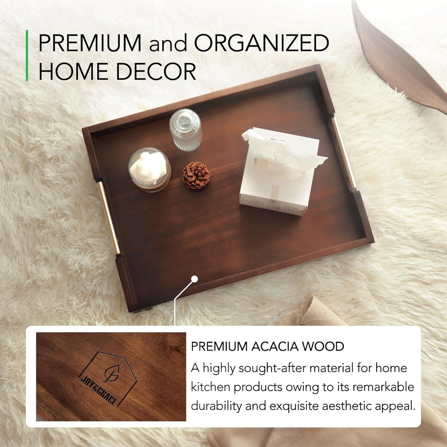 Joy&Grace Acacia Wooden Serving Tray with Metal Handles 16.7 x 12.8 inch Decorative Ottoman Tray for Living Room Coffee Table Large (Color Brown)