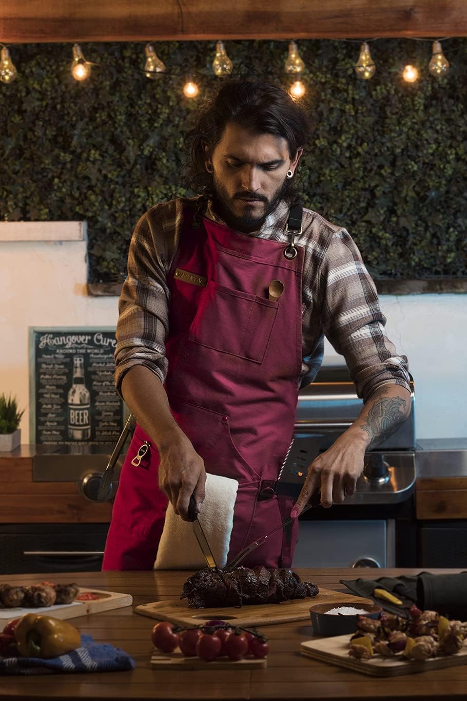 Asaya Chef and BBQ Apron with Bottle Opener and Hand Towel - 10oz Cotton Canvas, Stainless Steel Hardware - Cross Back Straps