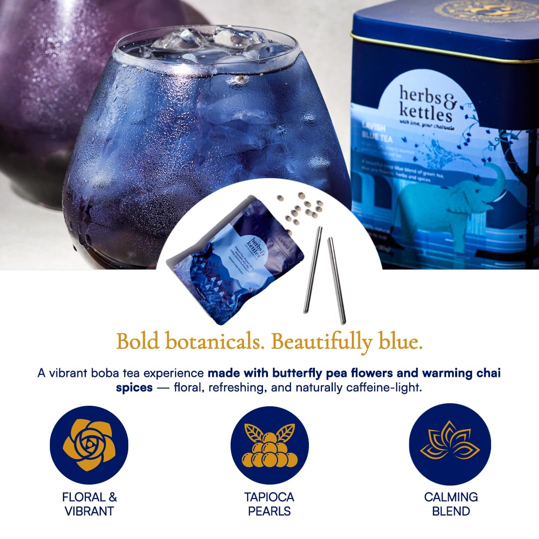 Herbs & Kettles Lavish Blue Tea Boba Kit | Butterfly Pea Flower Tea with Green Tea, Lemongrass, Ginger & Mint + Chewy Tapioca Pearls | DIY Color-Changing Bubble Tea Kit with Reusable Straws |