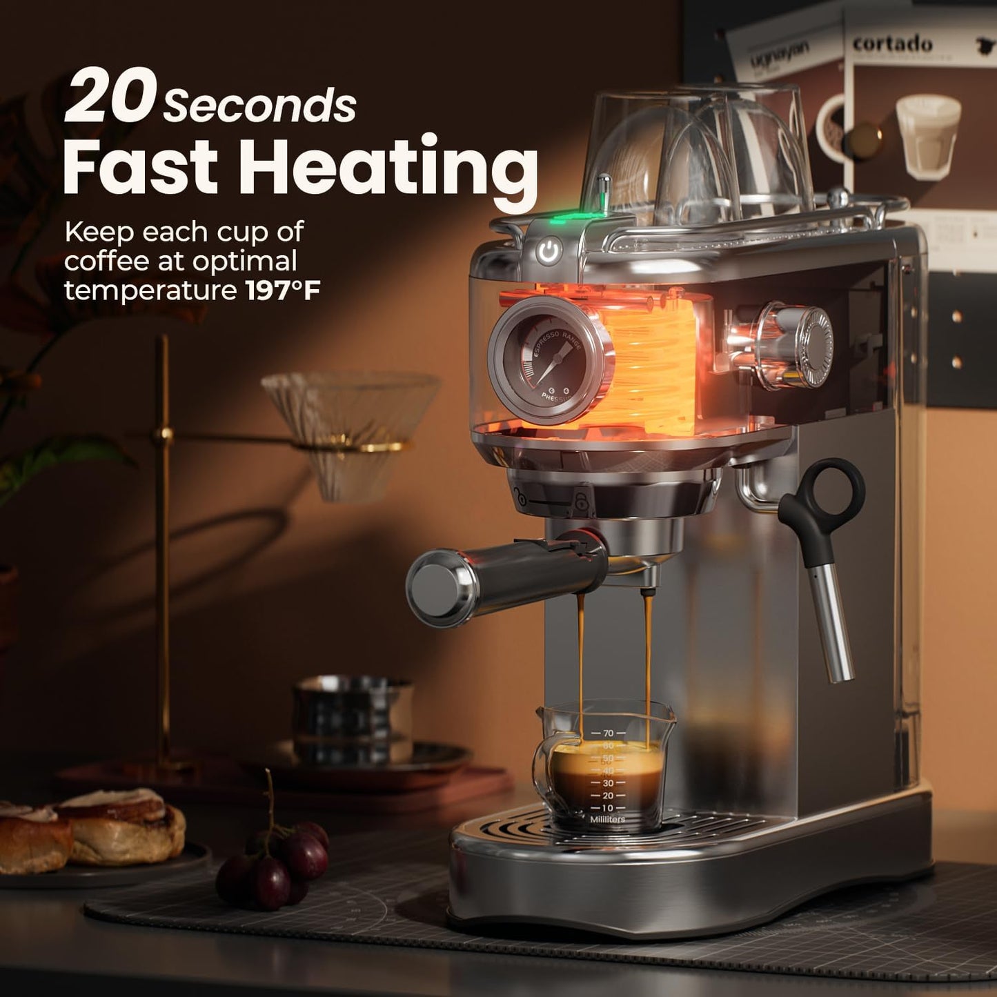 Espresso Machine - 20 Bar Espresso Maker with Milk Frother Steam Wand, Coffee Maker for Latte & Cappuccino, 1450W Semi-Automatic Coffee Machine with 34oz Removable Water Tank, Compact Kitchen