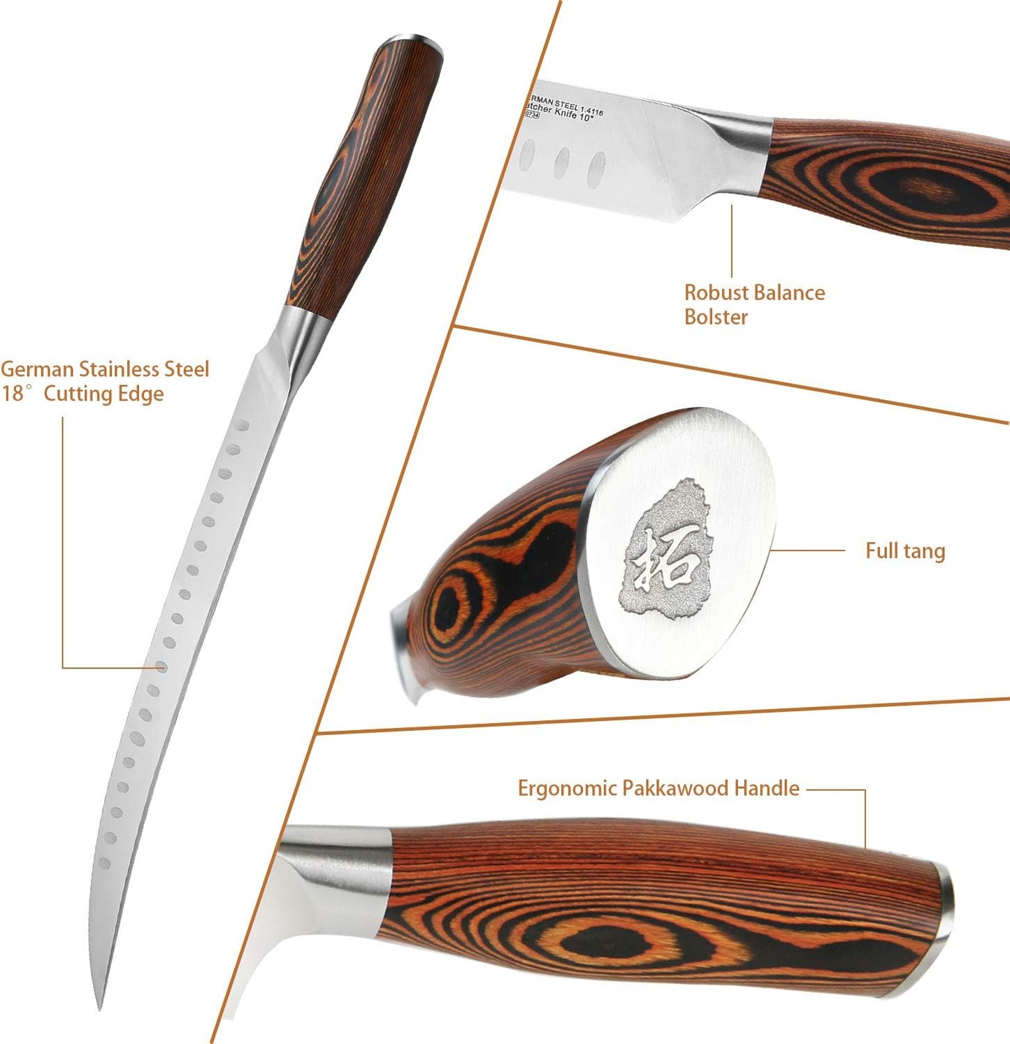 TUO Cimitar Butcher Knife - 10 inch Curved Breaking Knives for Slicing & Carving Pro Meat Chopping Cleaver - German HC Steel Full Tang Pakkawood handle - Fiery Series Gift Box Included