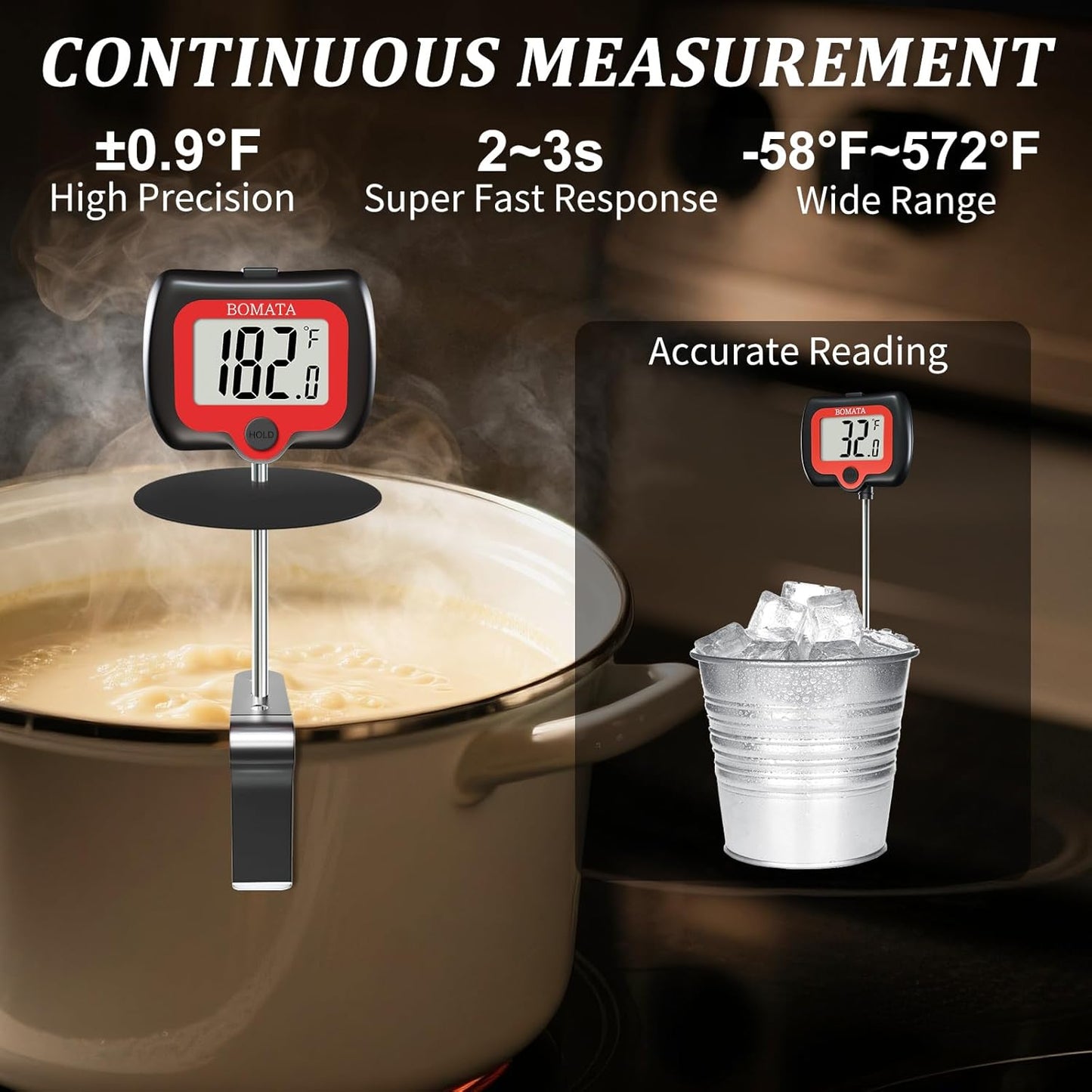 BOMATA Candy Thermometer with Pot Clip, Instant Read Cooking Thermometer with 8" Long Probe, Rotating Display, for Candy Making, Food, Candle Making, Liquids, Water, Baking, Sugar, Grilling. Black