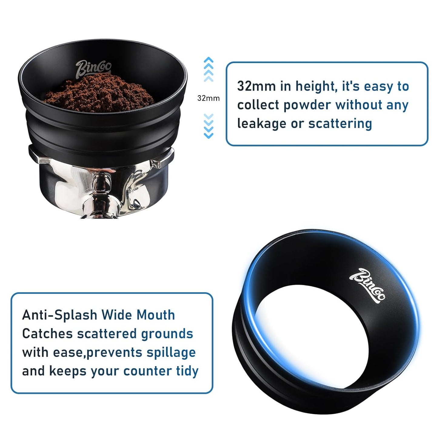 Bincoo Espresso Dosing Funnel 58mm,More Tall Magnetic Aluminum Alloy Portafilter Funnel Ring for Zero Mess Portafilter, Anti-Splash Wide Mouth Coffee Grounds Dosing Tool for Espresso Machine(Black)