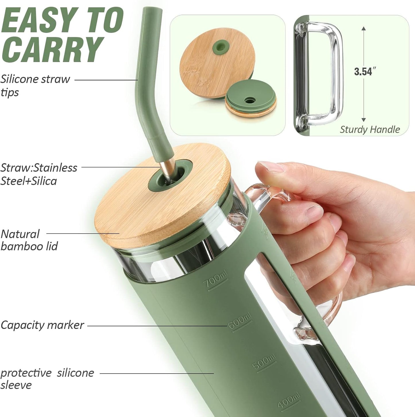 Kodrine Glass Tumbler with Handle, 24 oz Iced Coffee Cup Boba Smoothie Cup, Bamboo Lid Home Office Tumblers, Olive