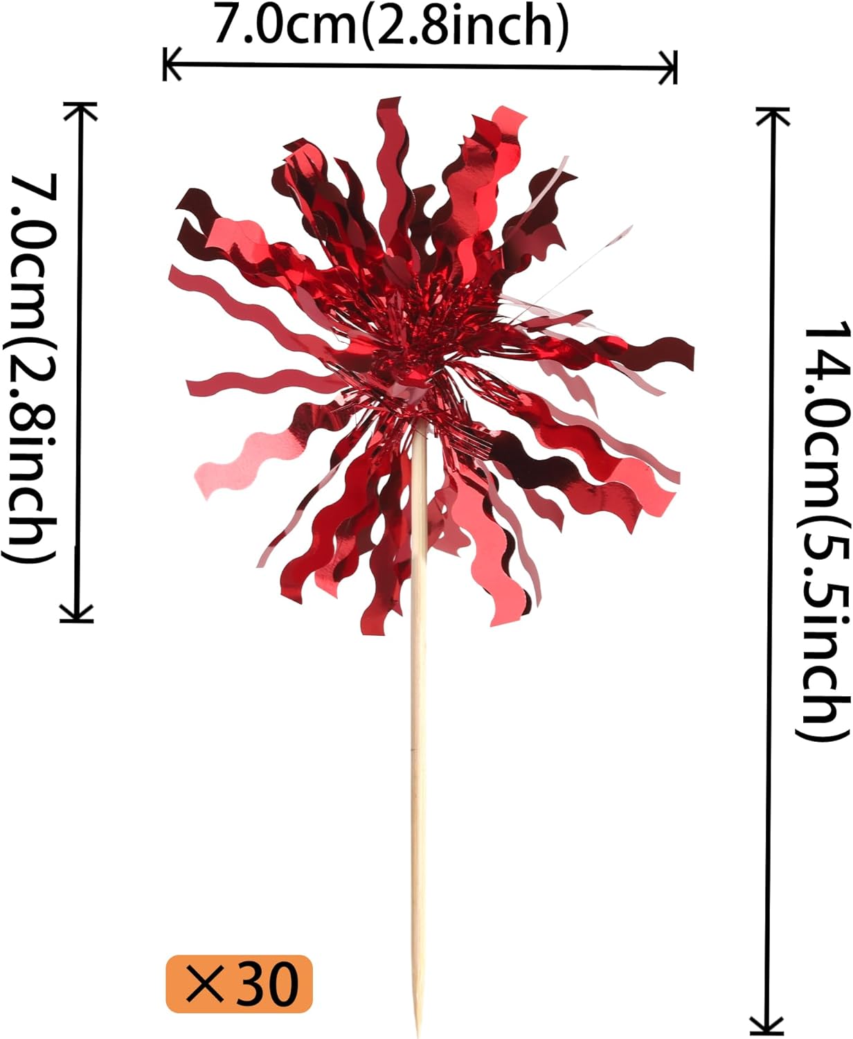 30 PCS Foil Firework Cupcake Toppers Sparkle Tinsel Cupcake Picks Happy Birthday Cake Toppers Drink Stirrers Cocktail Food Fruit Toothpicks for Baby Shower Birthday Party Decorations Supplies Red