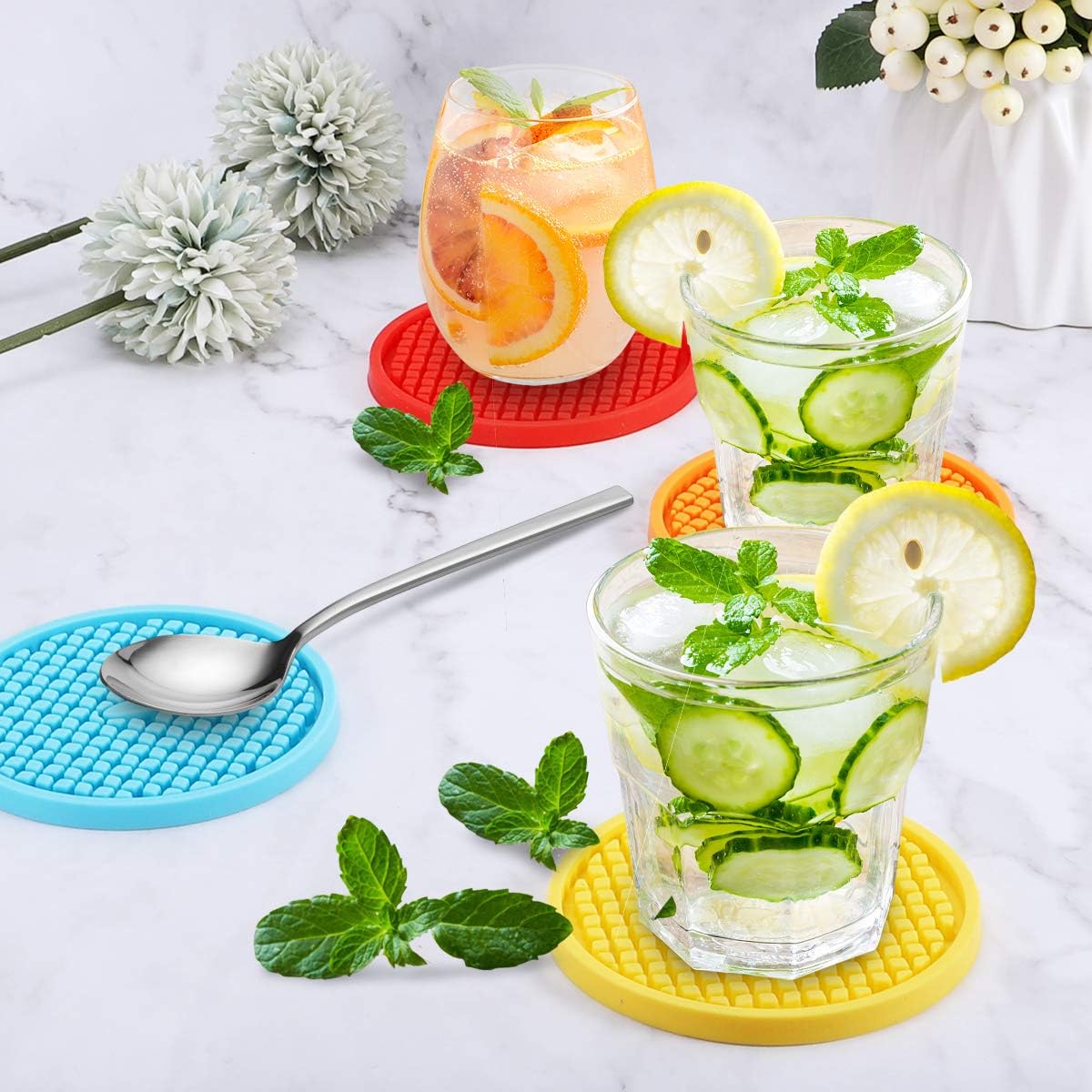 ME.FAN Silicone Coasters [6 Pack] Thickened Drink Coasters with Holder - Cup Mat - Non-Slip, Non-stick, Stay Put, Deep Tray - Prevents Furniture and Tabletop Damages(Red)