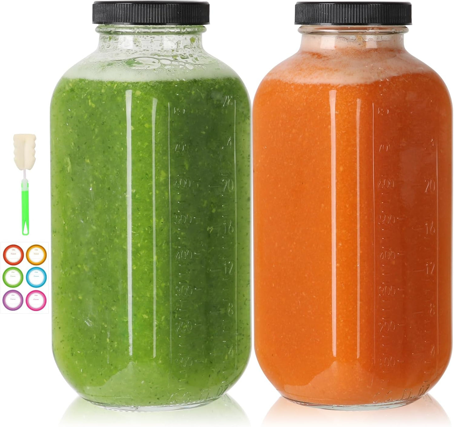 32 oz Glass Juice Bottles with Lids 2 Pack,Reusable Glass Drink Bottles,1000ml Water Drinking Jars for Milk,Juicing,Kombucha,Ginger,Beverage Glassware,Juice Drinking Jars