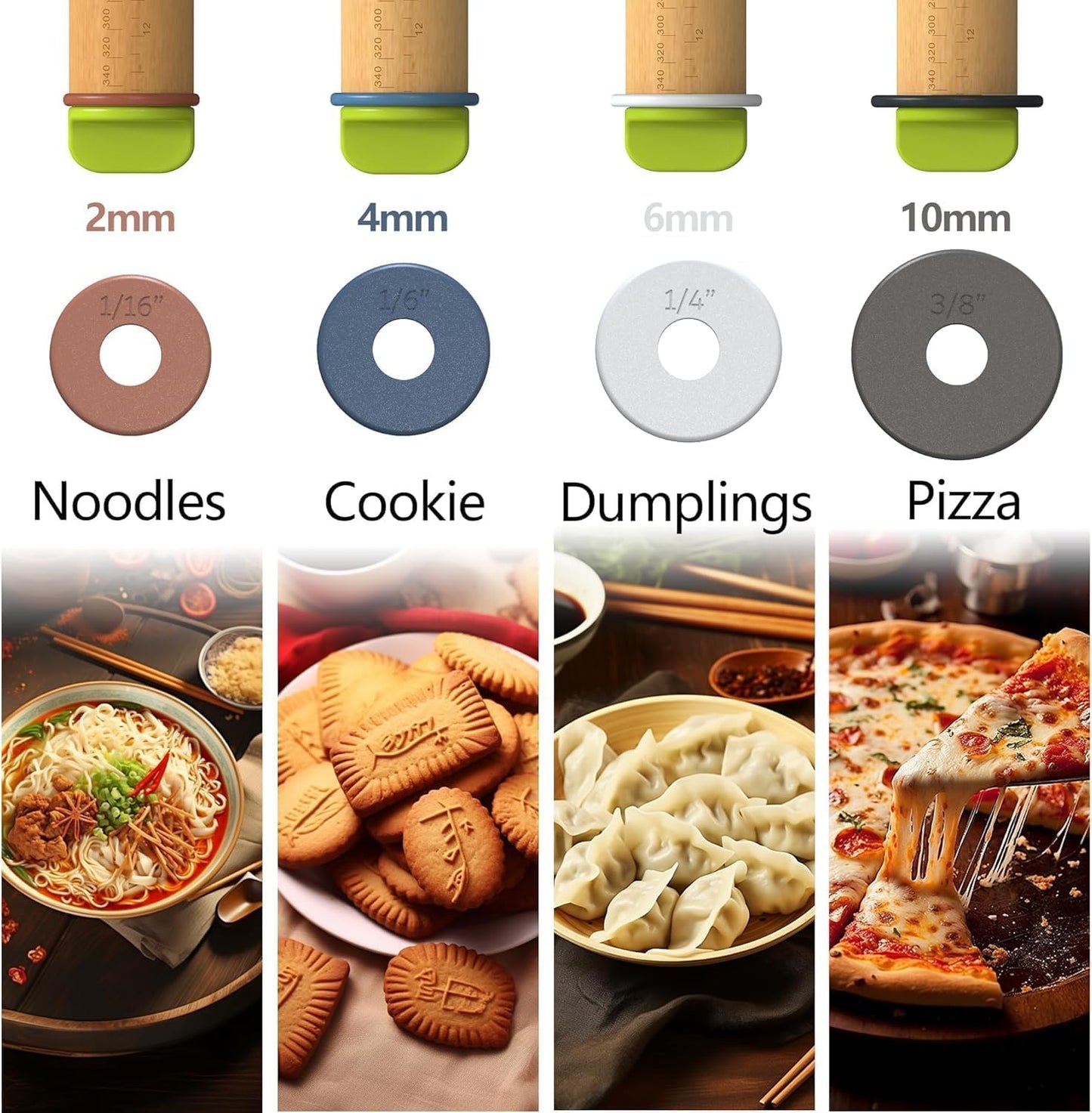 Rolling Pin with Adjustable Thickness Ring and Silicone Baking Mat for Baking, Fondant,Pizza,Pie,Cookies,Pastries,13.6"Wooden Rolling Pin Dough Roller with 4 Multi-Color Thickness Rings