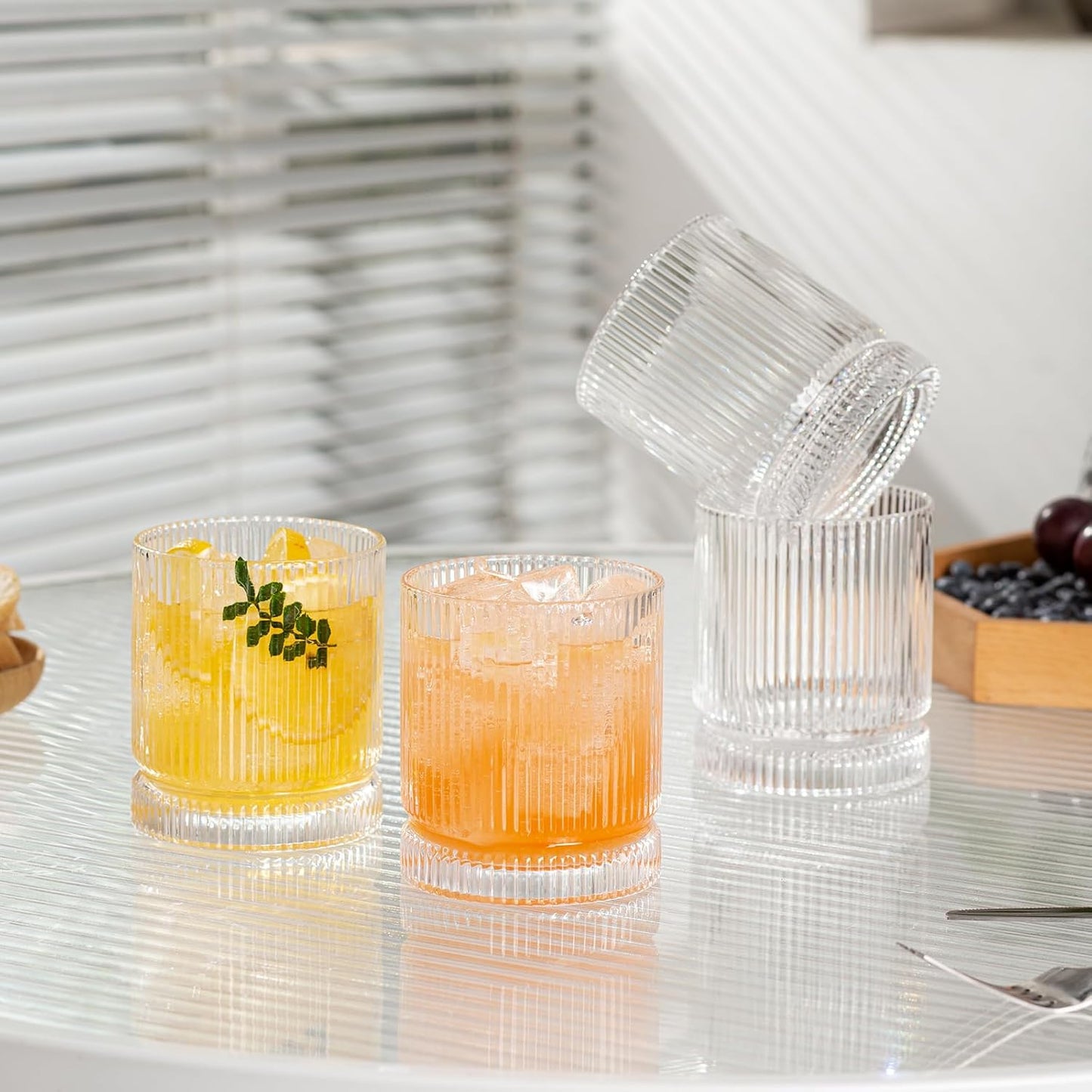 Ribbed Glass Cups Set, 390ml Vintage Drinking Glassware Set of 4, Cocktail Glasses, Low Ball Ribbed Glassware, Mixed Glassware Set, Premium Whiskey Glasses, Ideal for House of Glass