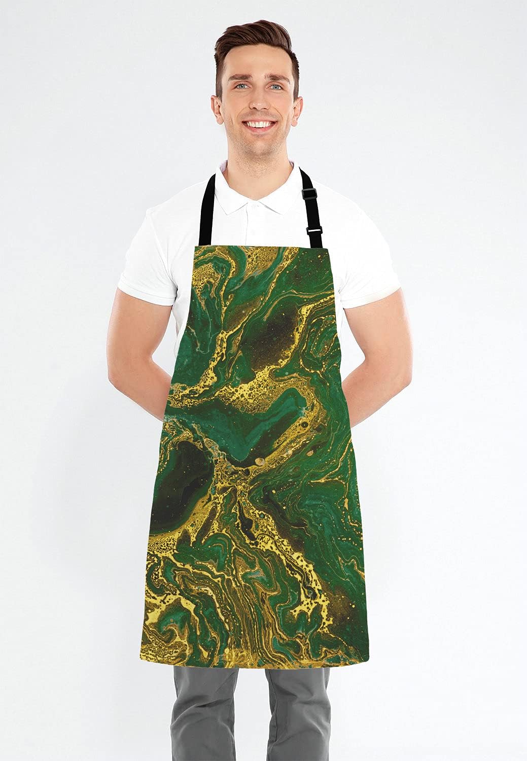 Watercolor Gold Marble Abstract Mineral Green Golden Waves Pattern Adjustable Bib Apron Kitchen Cooking Baking Gardening Apron for Women Men