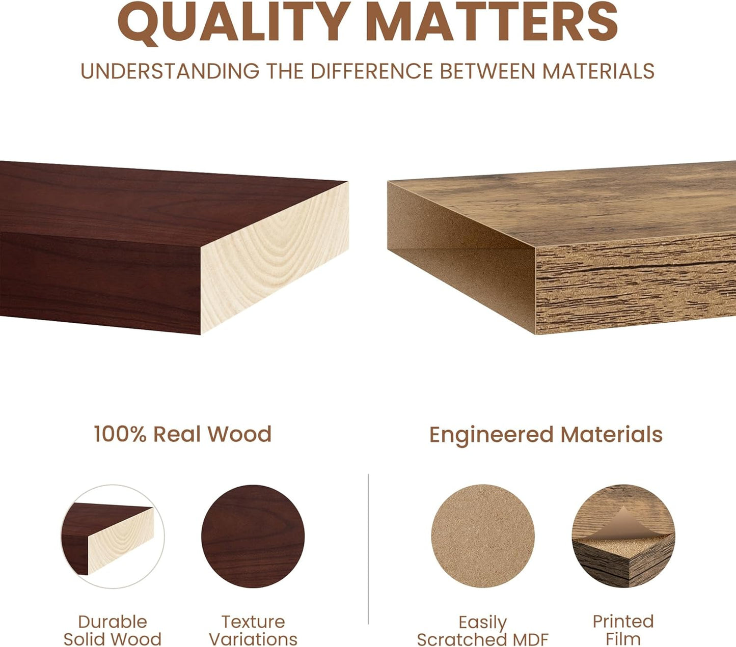 Fun Memories Rustic Real Wood Floating Shelves, 8 Inch Deep Floating Shelf Wall Mounted, 48" W x 8" D Wall Shelves Storage Shelves for Living Room, Bedroom, Bathroom, Red Brown, Set of 1