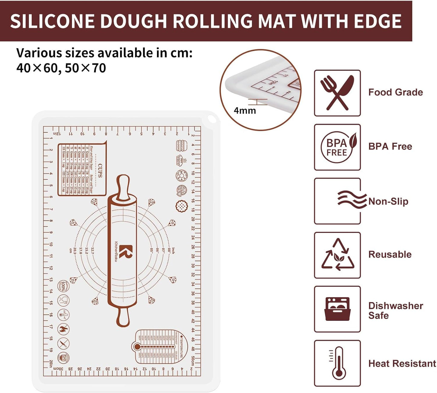 Silicone Baking Mat, Extra Thick Dough Rolling Pad with Measurements and Edge Heightening, Non-stick Food Grade Silicone Pastry Mat for Pastry, Bread, Cookies (Transparent, 16"L x 24"W)