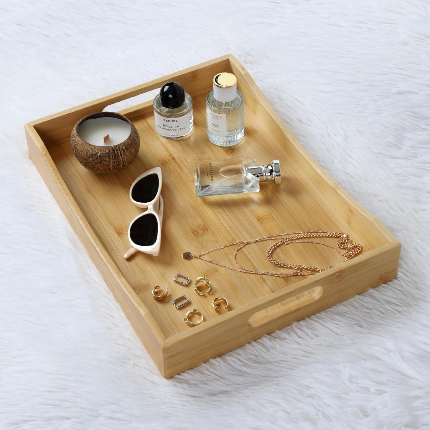 Gobam Bamboo Serving Tray with Handles, 16.5 x 12.4 inch Rectangular Decorative Tray for Entryway, Kitchen, Dining & Living Room, Large Wooden Breakfast Trays for Bed, Coffee Table & Ottoman