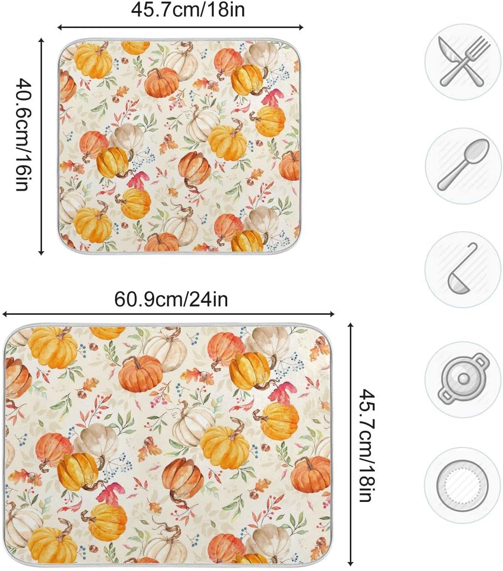 Autumn Fall Dish Drying Mat for Kitchen Counter Watercolor Pumpkin Maple Leaf Drying Mat 18 x 24 Inch with Absorbent Reversible Microfiber Dish Drying Pad Dish Rack Drainer Mats for Coffee Bar
