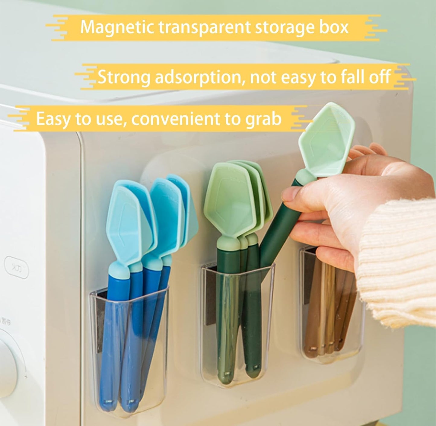 2 SET of 8 PCS Multi-functional sealing clip with measuring spoon Magnetic Coffee Measuring Spoon Sealing Clips with Wall Container Mount, PP materia, Deep Bowl Design (Blue)