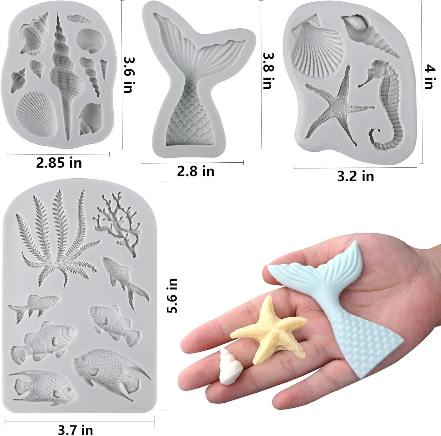 Sakolla Marine Theme Fondant Molds, 4 PCS Mermaid Tail Seashell Conch Starfish Baking Silicone Molds for Cake Decoration Chocolate Soap Crafting