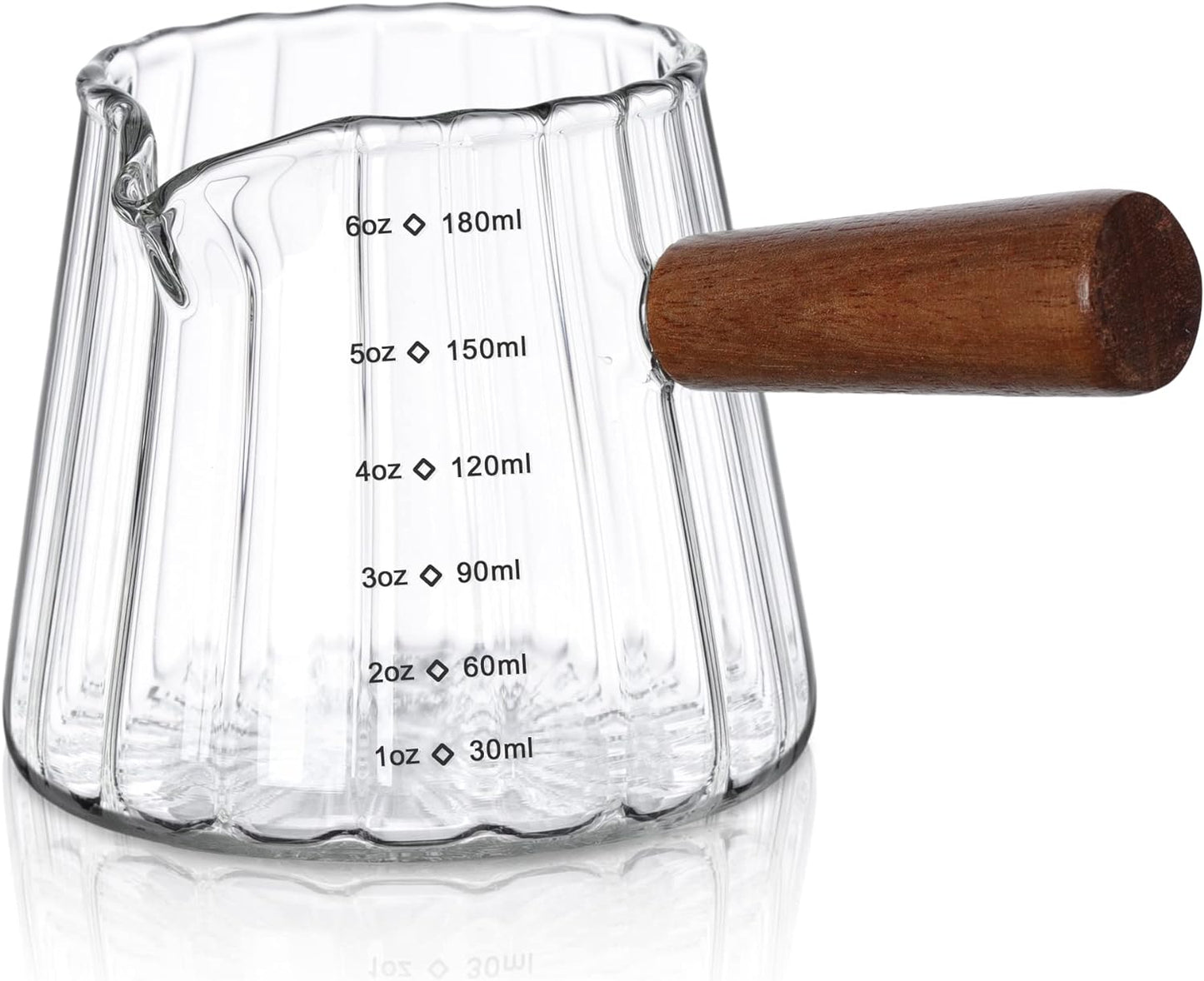 Joeyan 6 oz Glass Measuring Cups with Spout,Borosilicate Glass Triple Pitcher with Scale,Origami Style Espresso Shot Glasses with Wood Handle for Coffee Milk,Dishwasher Safe
