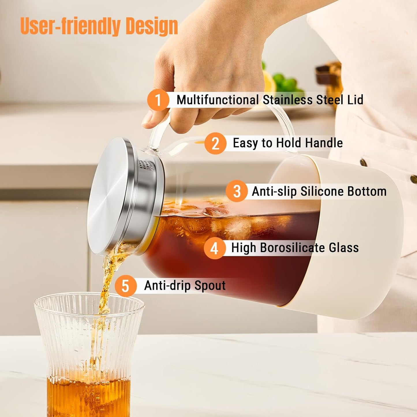 PARACITY Water Jug Water Pitcher with Silicone Base 61oz/ 1.8L, Hot& Cold Glass Pitcher with Lid and Handle, Glass Carafe with Lid for Coffee, Juice, Lemonade and Milk (Off-white base)