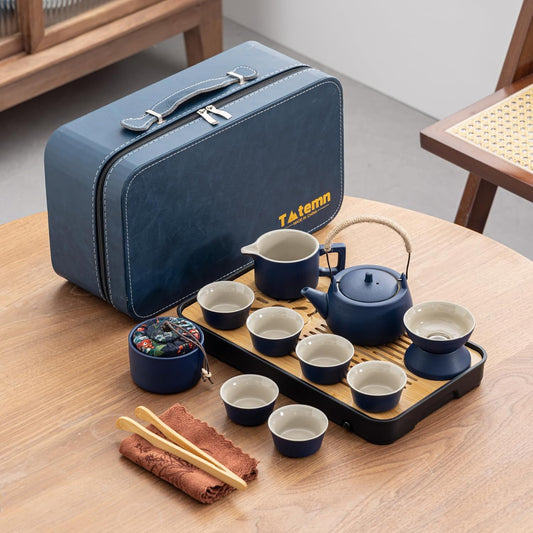 Travel tea set,Portable ceramic tea set,Chinese tea set,Tea sets for adults,Tea pot sets,Portable Travel Bag,Home,Gifting,Outdoor and Office,茶具 (Blue)