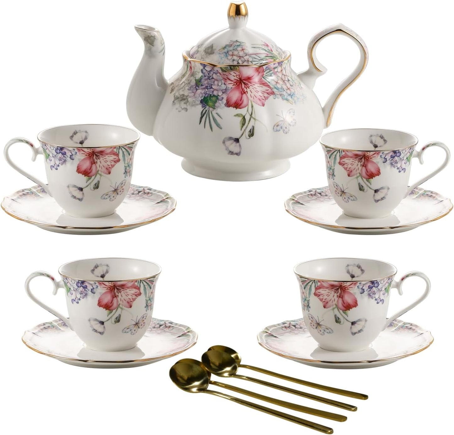 Bone China Tea Set, Vintage Floral Coffee Cups and Tea Sets, Porcelain Tea Set for Women Tea Party British, Christmas Gifts(Purple)