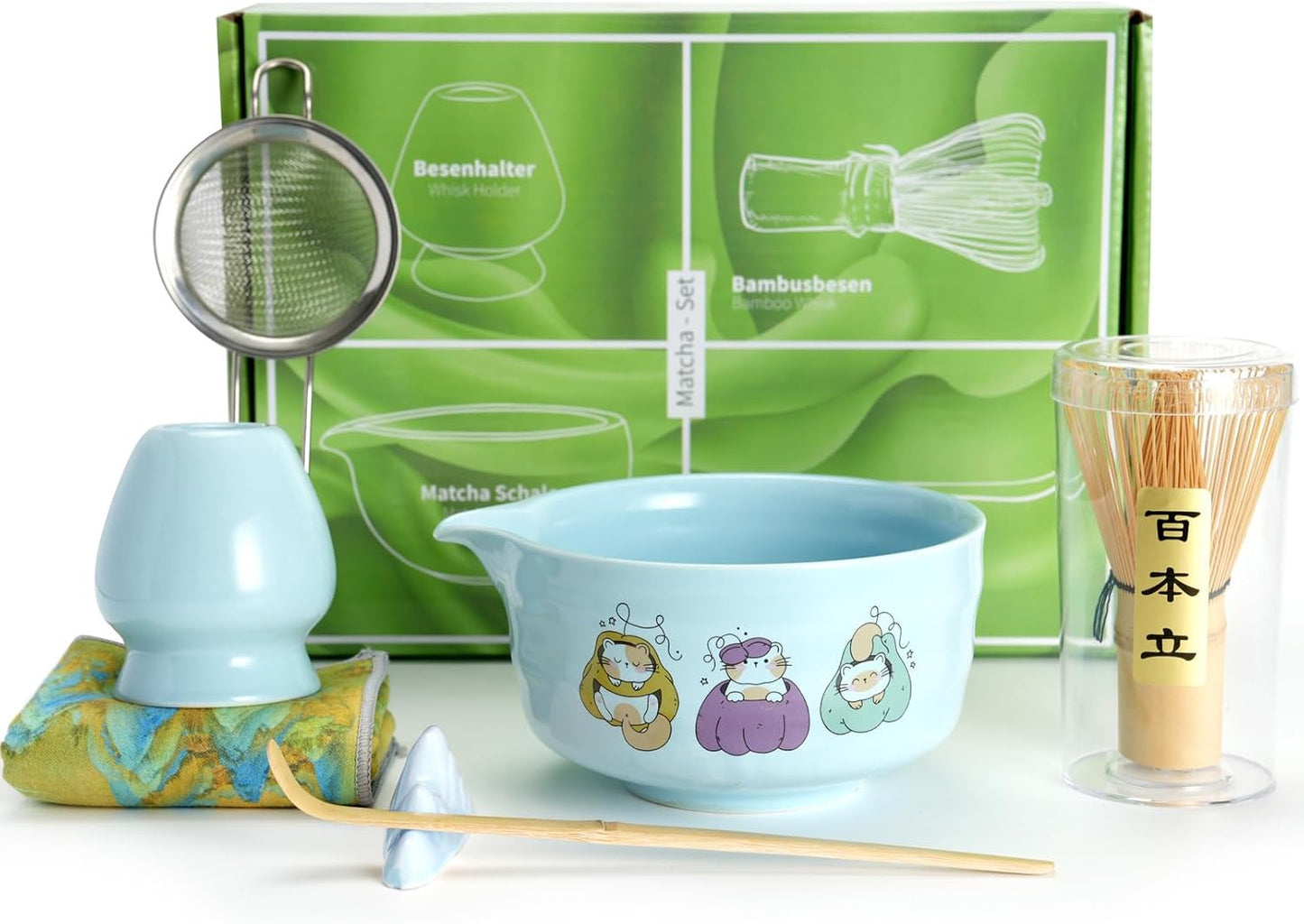 Matcha Whisk Set, Ceramic Matcha Set Includes Matcha Bowl, Matcha Whisk and Holder, Bamboo Scoop, Scoop Rest, Sifter and Tea Towel - 7 Pcs Matcha Kit(Blue)