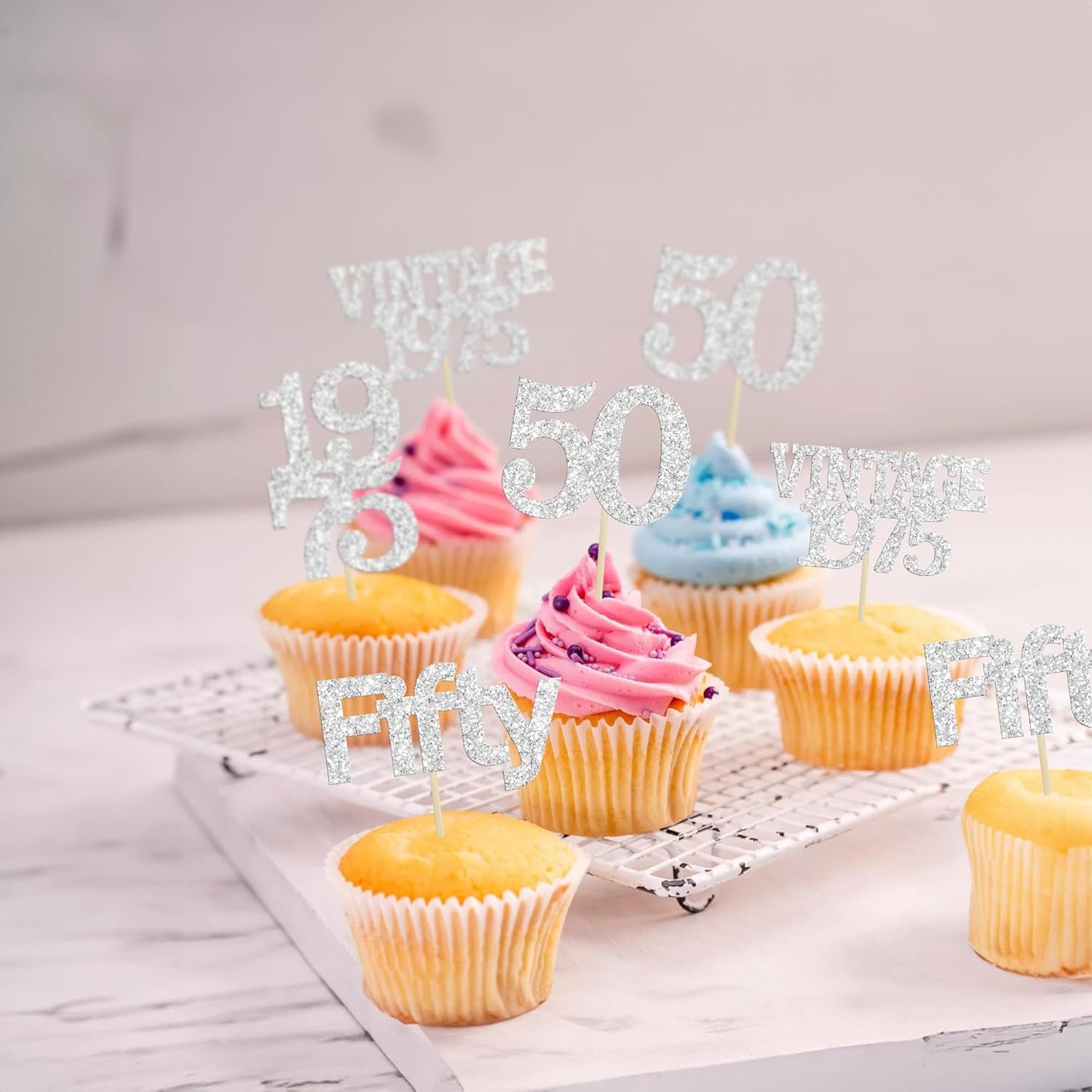 Gyufise 24Pcs 50th Birthday Cupcake Toppers Cheers to 50 Fabulous Fifty Vintage 1975 Cupcake Picks 50th Birthday Wedding Anniversary Party Cake Decorations Supplies Silver