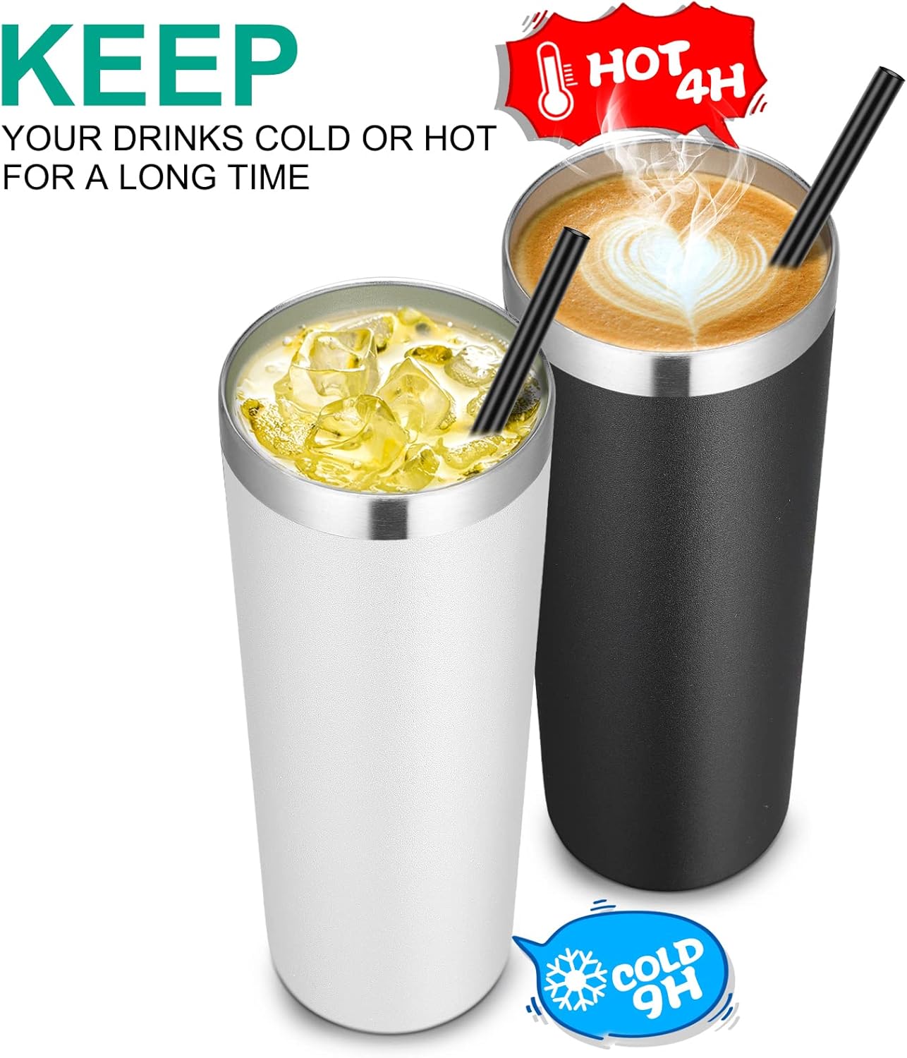 VEGOND Stainless Steel Skinny Tumblers Bulk 12 Pack, 20 oz Vacuum Insulated Tumblers with Lids and Straws, Double Wall Coffee Mug, Travel Water Cup, Matte Black