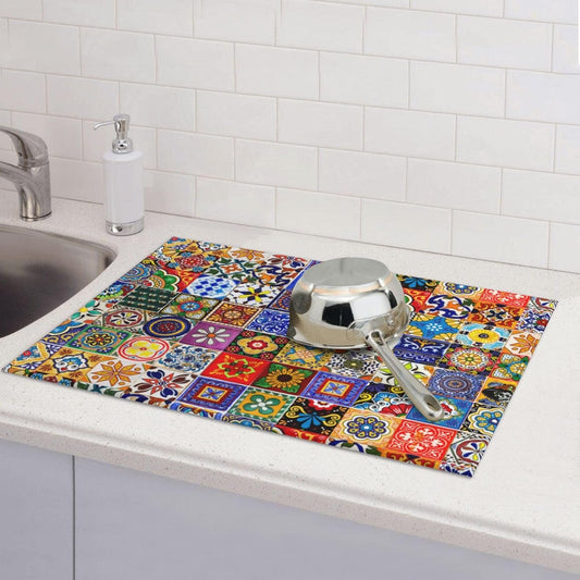 Bohemian Chic Floral Dish Drying Mat, Highly Absorbent Microfiber Kitchen Counter Pad Reusable Washable, 18*24"