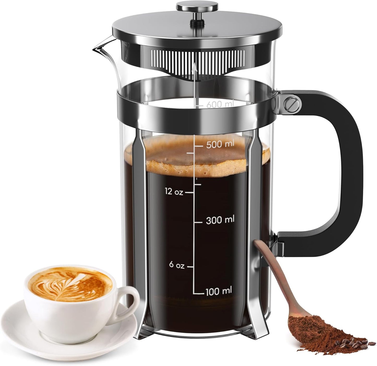 21 Ounce / 600ML French Press Coffee Maker - Stainless Steel & Borosilicate Glass, 4 - Filter for Smooth Brews - Perfect for Cold Brew, Espresso & Tea