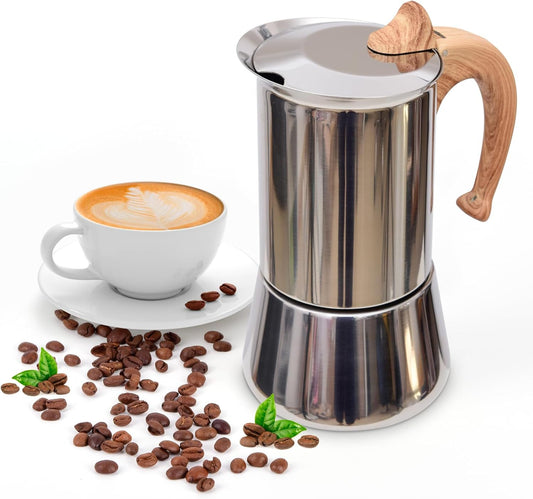 Induction Moka Pot, Stainless Steel, Stovetop Espresso Coffee Maker, 6 Cup/300ml/10.1oz, Easy to Use and Clean, Camping Home Use | for Mocha Cappuccinos, Lattes
