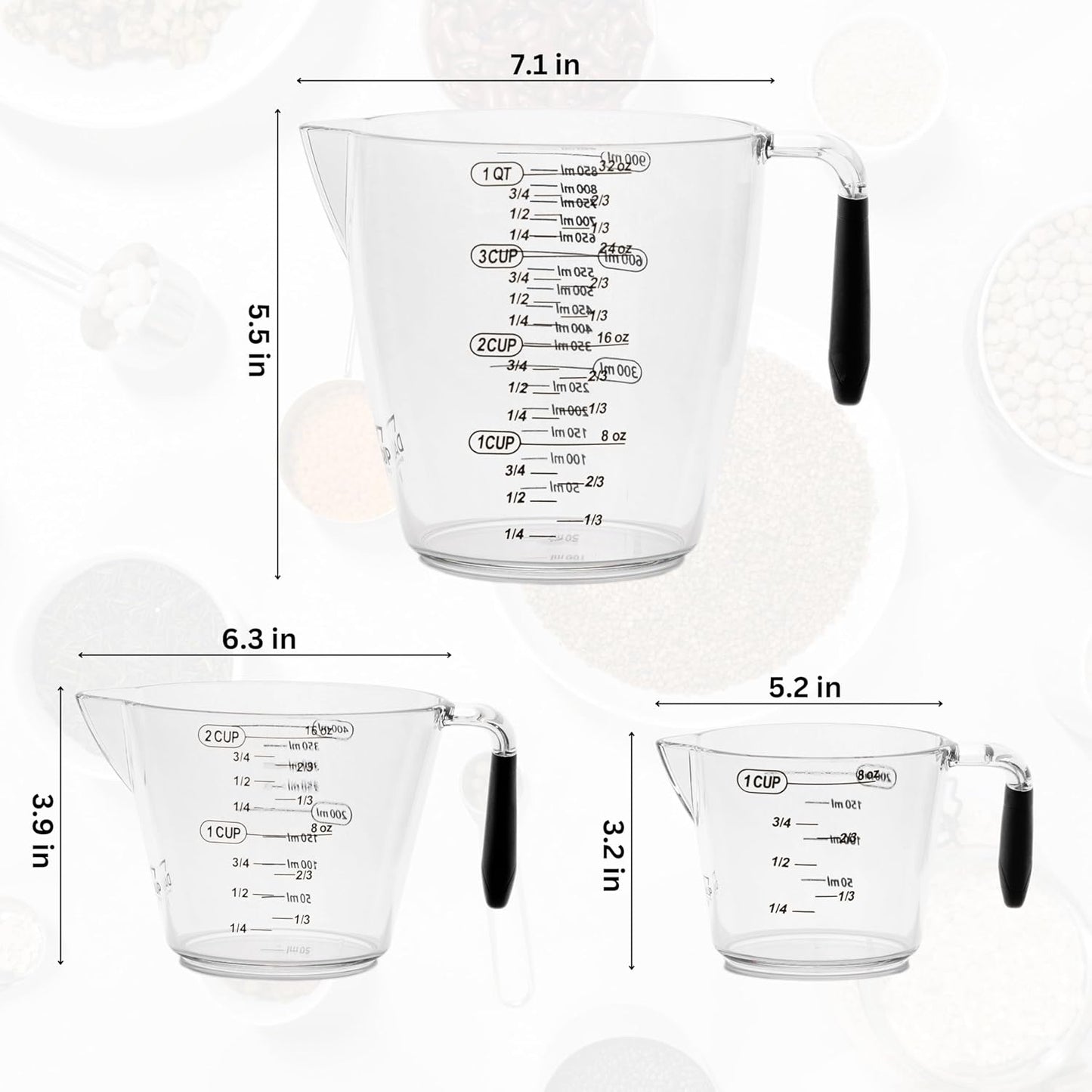 Measuring Cup Set - Clear Plastic Measuring Cups for Liquids Batter Flour Powder - Measuring Cups with Handle & Spout (8/16/32) oz