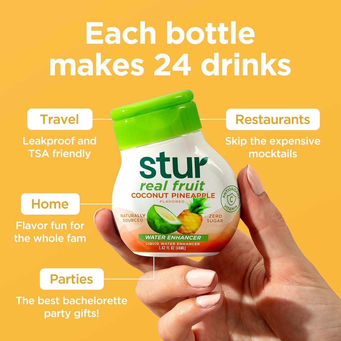 Stur Liquid Water Enhancer | Coconut Pineapple | Naturally Sweetened | High in Vitamin C & Antioxidants | Sugar Free | Zero Calories | Keto | Vegan | 5 Bottles, Makes 120 Drinks