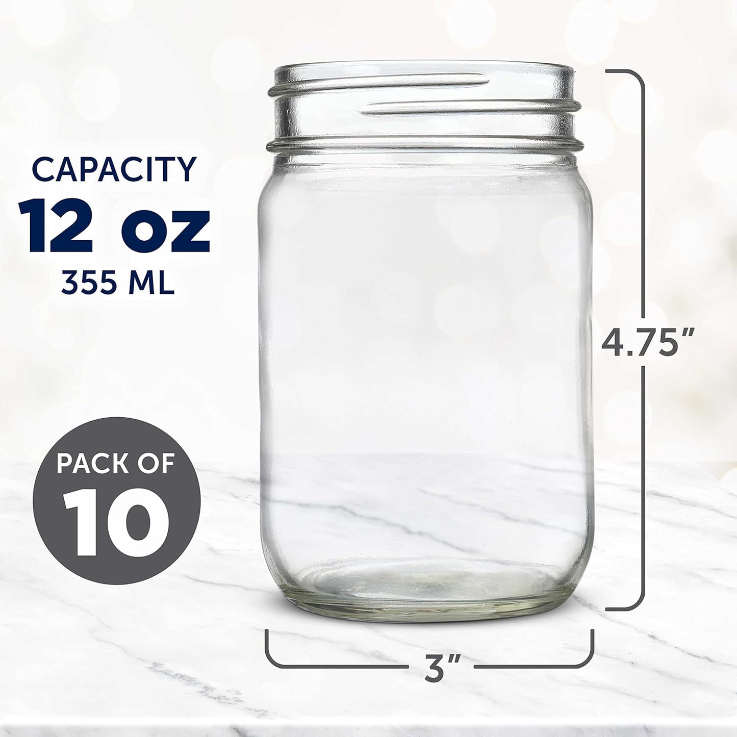 DISCOUNT PROMOS Decorating Mason Jars 12 oz. Set of 10, Bulk Pack - Glass Jars for Overnight Oats, Candies, Fruits, Pickles, Spices, Beverages - Clear
