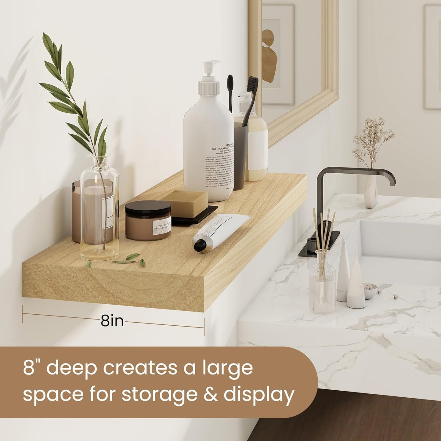 Fun Memories Rustic Real Wood Floating Shelves, 8 Inch Deep Floating Shelf Wall Mounted, 36" W x 8" D Wall Shelves Storage Shelves for Living Room, Bedroom, Bathroom, Burlywood, Set of 2