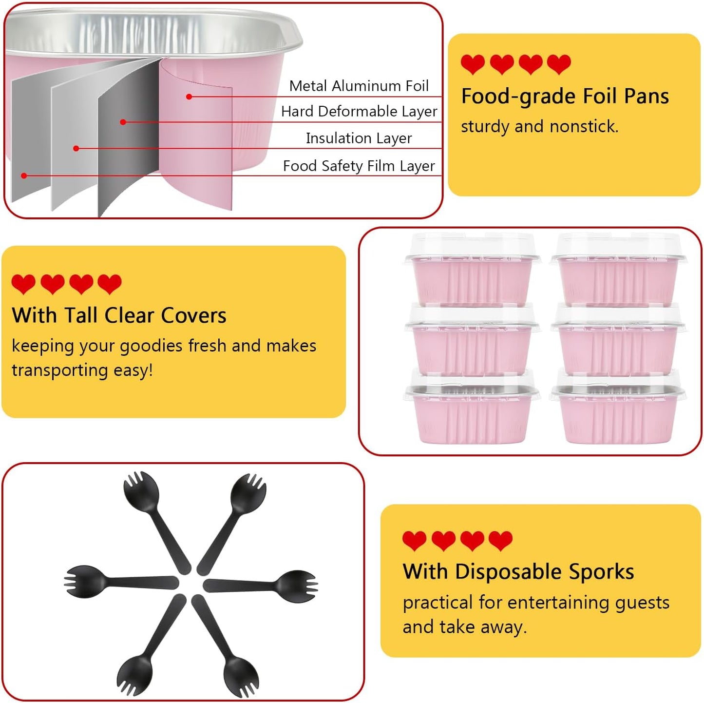 120pack/10oz Mini Cake Foil Pans with Lids,LNYZQUS 4”x4” Large Cupcake Pan Disposable Ramekins,Small Brownie Baking Cups Square Muffin Tin Cheesecake Containers Holders-Pink