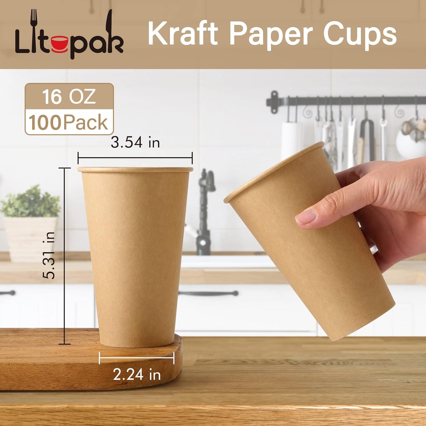 LITOPAK 100 Pack 16 oz Kraft Paper Coffee Cups for Water, Juice, and Tea, Disposable Hot Coffee Cups for Home, Restaurant, Store, and Cafe