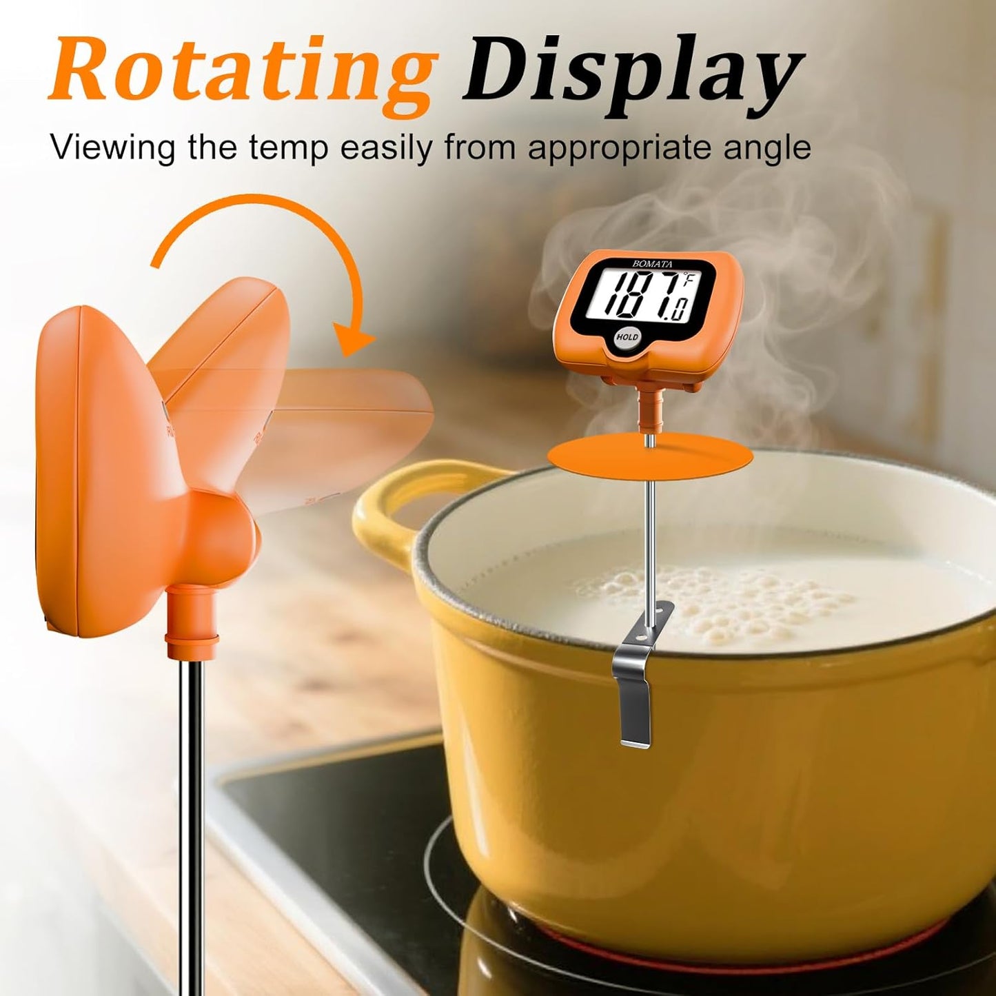 BOMATA Candy Thermometer with Pot Clip, Instant Read Cooking Thermometer with 8" Long Probe, Rotating Display, for Candy Making, Food, Candle Making, Liquids, Water, Baking, Sugar, Grilling. Orange