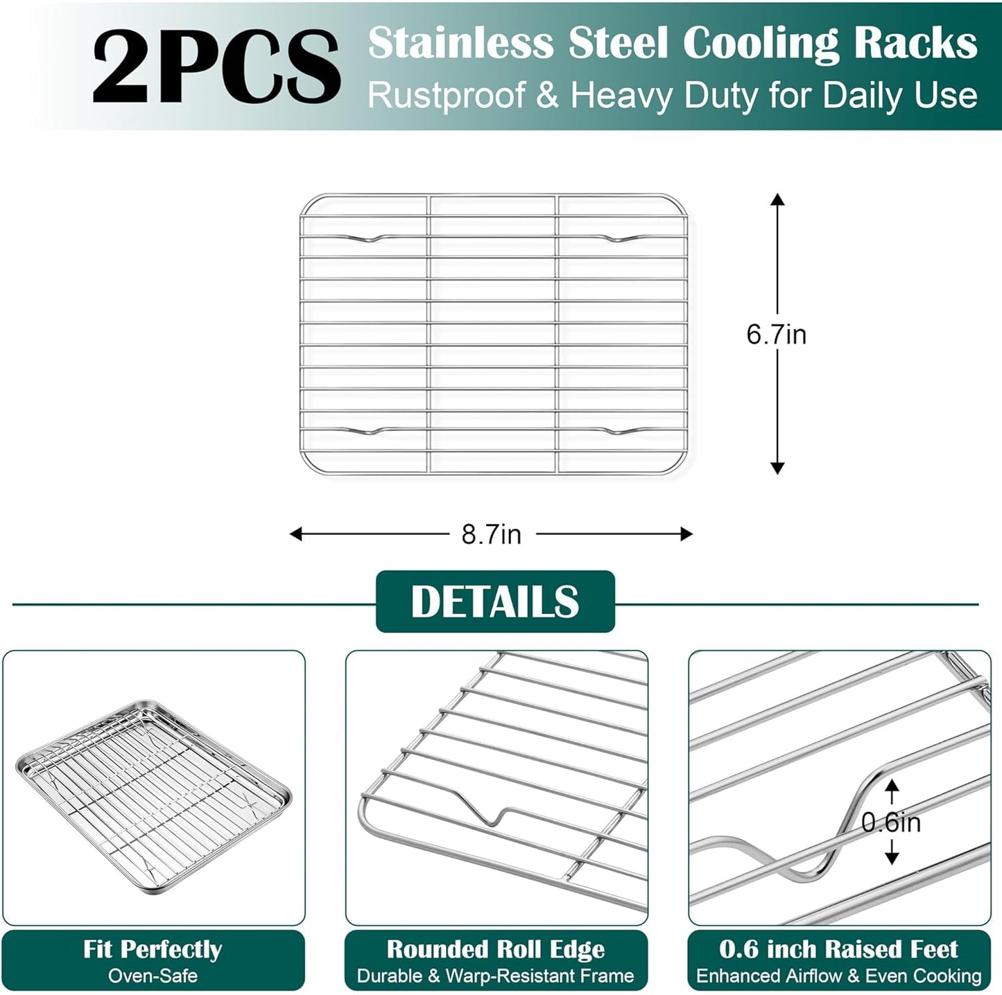 E-far Small Baking Sheet with Wire Rack (2 Pans + 2 Racks), Stainless Steel Cookie Sheets Trays & Cooling Rack for Toaster Oven, Non Toxic & Warp Resistant, Oven & Dishwasher Safe, 9.4 x 7.3 x 1 Inch
