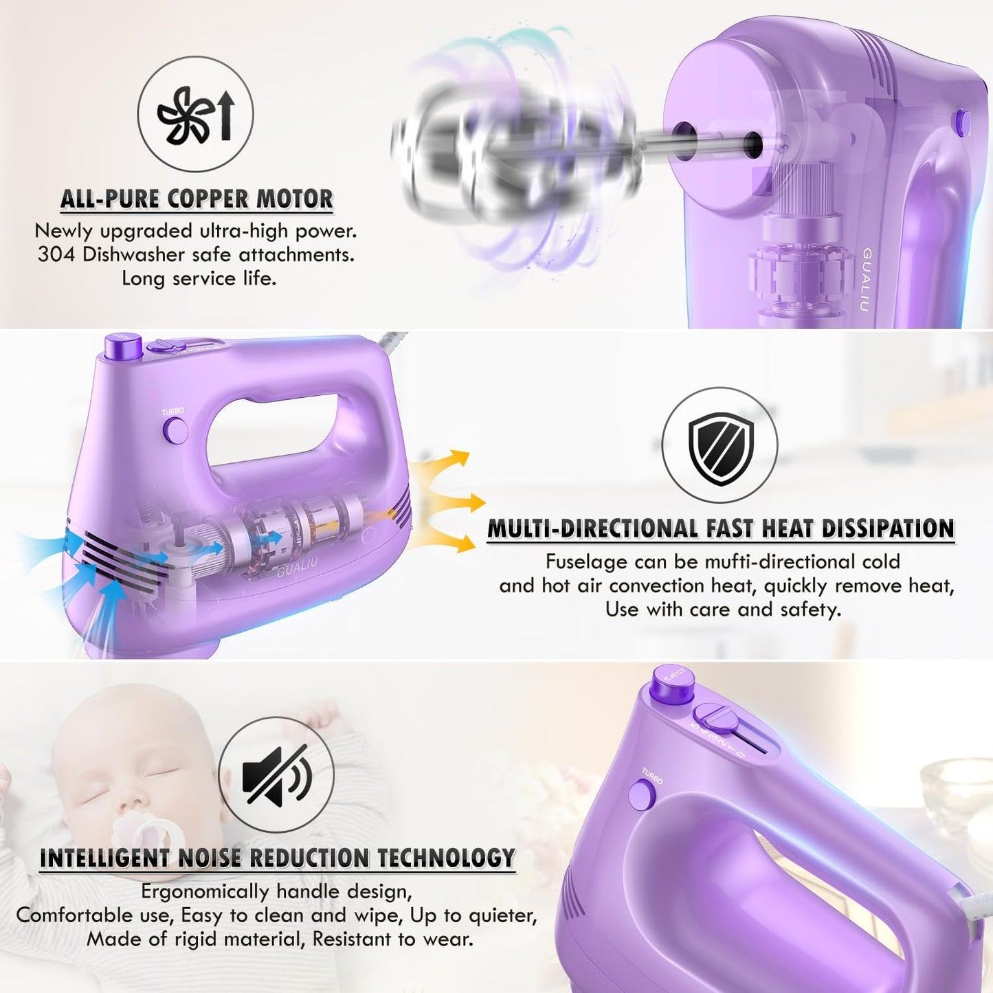 Electric Hand Mixer with Stainless Steel Whisk, Dough Hook Attachment and Storage Bag, Handheld Mixer for Baking Cakes, Eggs, Cream Food Mixers. Turbo Boost /5 Speed Kitchen Blender PURPLE