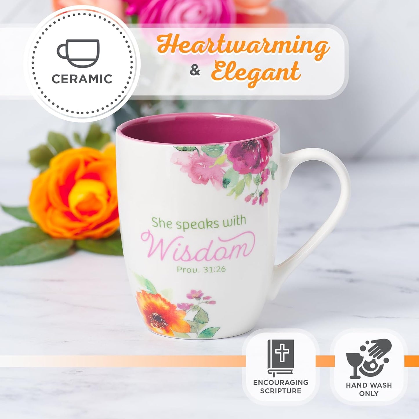 Christian Art Gifts Inspirational Ceramic Coffee & Tea Scripture Mug for Women: She Speaks with Wisdom Bible Verse, Microwave & Dishwasher Safe Drinkware, Multicolor Floral, White & Dark Pink, 12 oz.