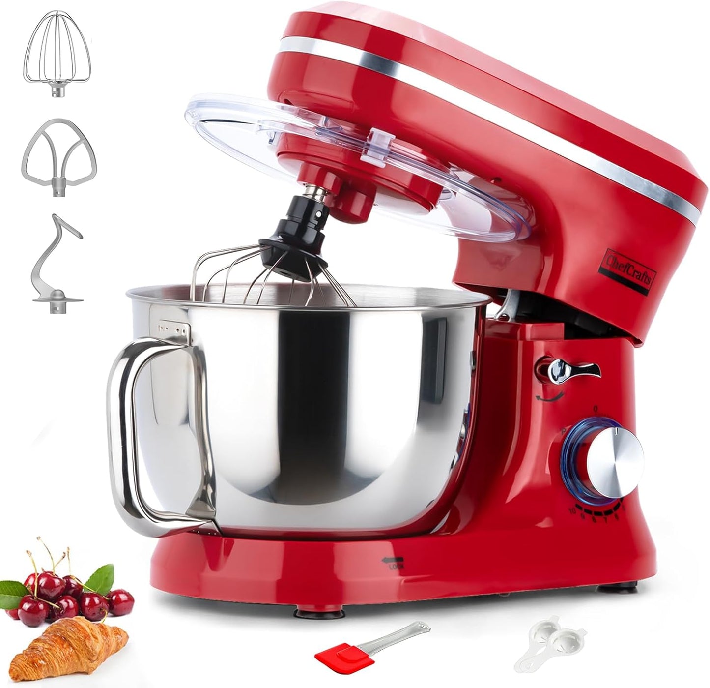 Household Stand Mixer with 6.5 Quart Bowl, Electric Food Mixer 10+p Speeds 660W, Kitchen Tilt-Head Bread Dough and Cake Mixers with Dough Hook, Whisk, Beater, Splash Guard and Egg Separator (Red)