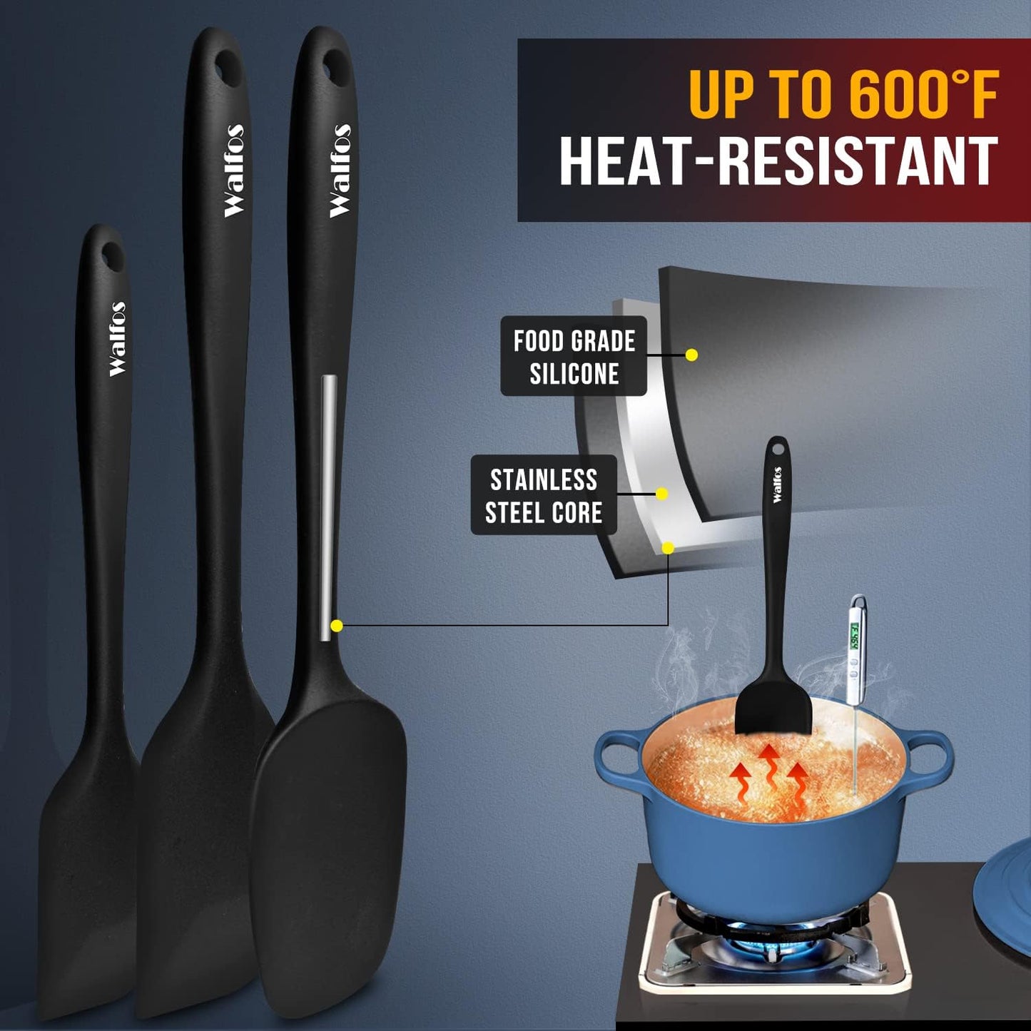 Walfos Silicone Spatula Set of 8(600°F）- Heat Resistant Kitchen Silicone Scraper Spatulas & Mini Spatulas, One-Piece Seamless Design, Perfect for Cooking Mixing & for Non-stick Cookware,black