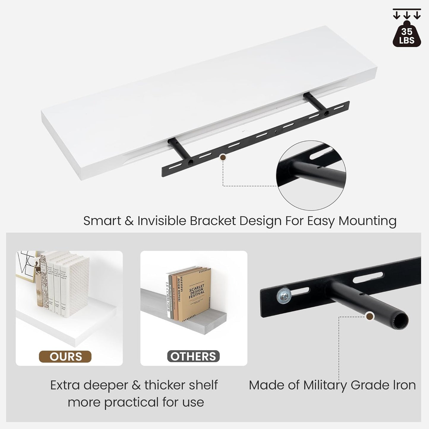 Vivelove Wooden Floating Shelves for Wall 16” x 8”x 1.4”, Bathroom Shelf Over The Toilet with Invisible Brackets, Unfinished Wall Shelves for LivingRoom, Kitchen, Bedroom, Home Decor, Set of 2 - White