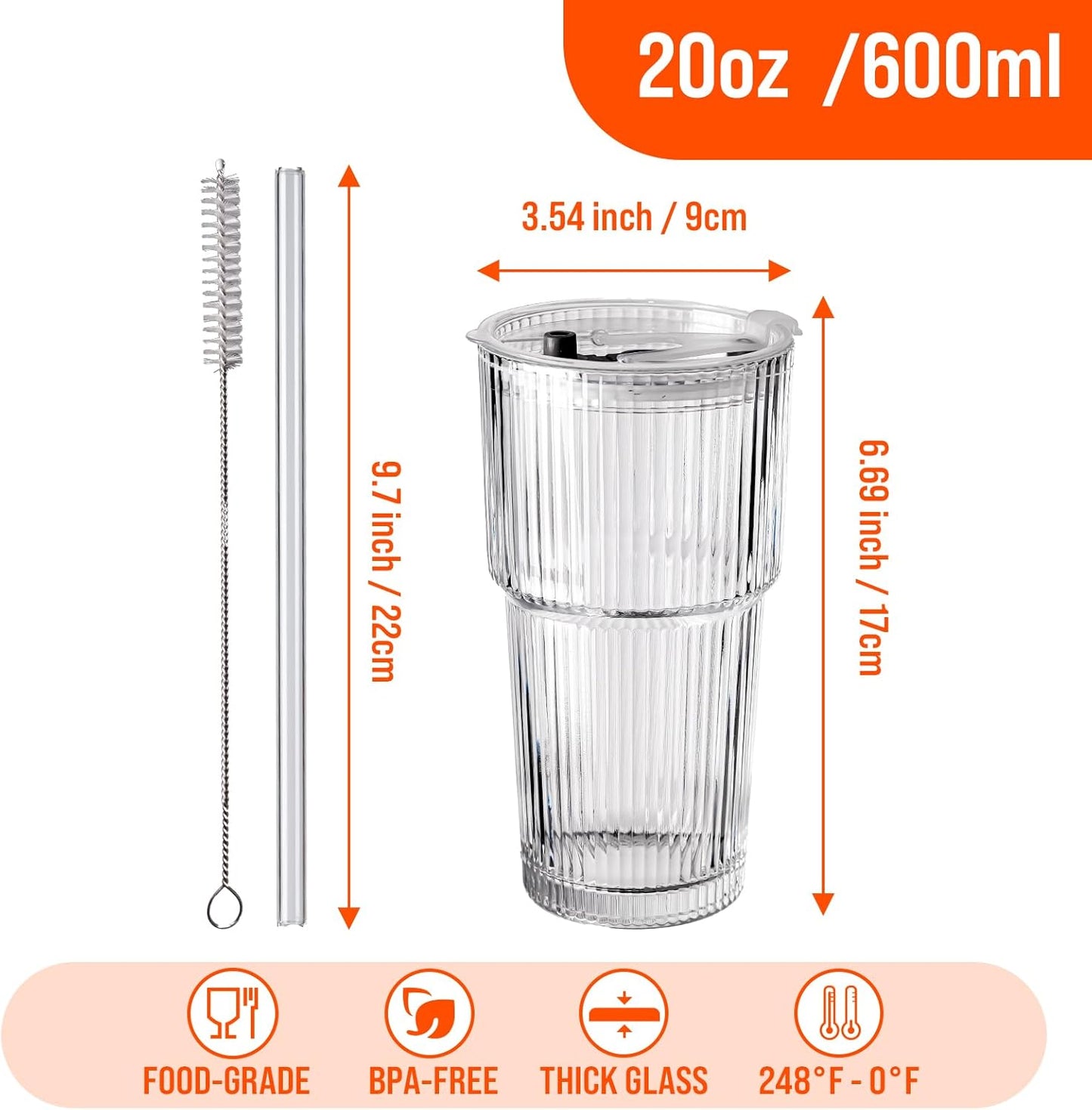 20oz Ribbed Glass Tumblers with Lids & Straws, Ideal for Iced Coffee, Cocktails & More - Includes Cleaning Brush