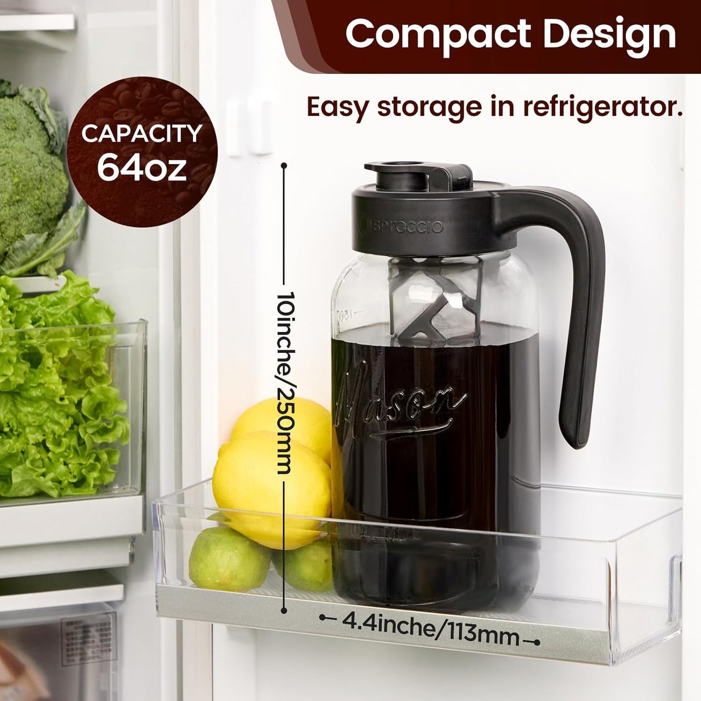 Cold Brew Coffee Maker Glass, Airtight & Leakproof Mason Jar Pitcher with Cold Brew Filter, 64 oz Glass Pitcher with Lid for Iced Coffee, Lemonade, Ice Tea