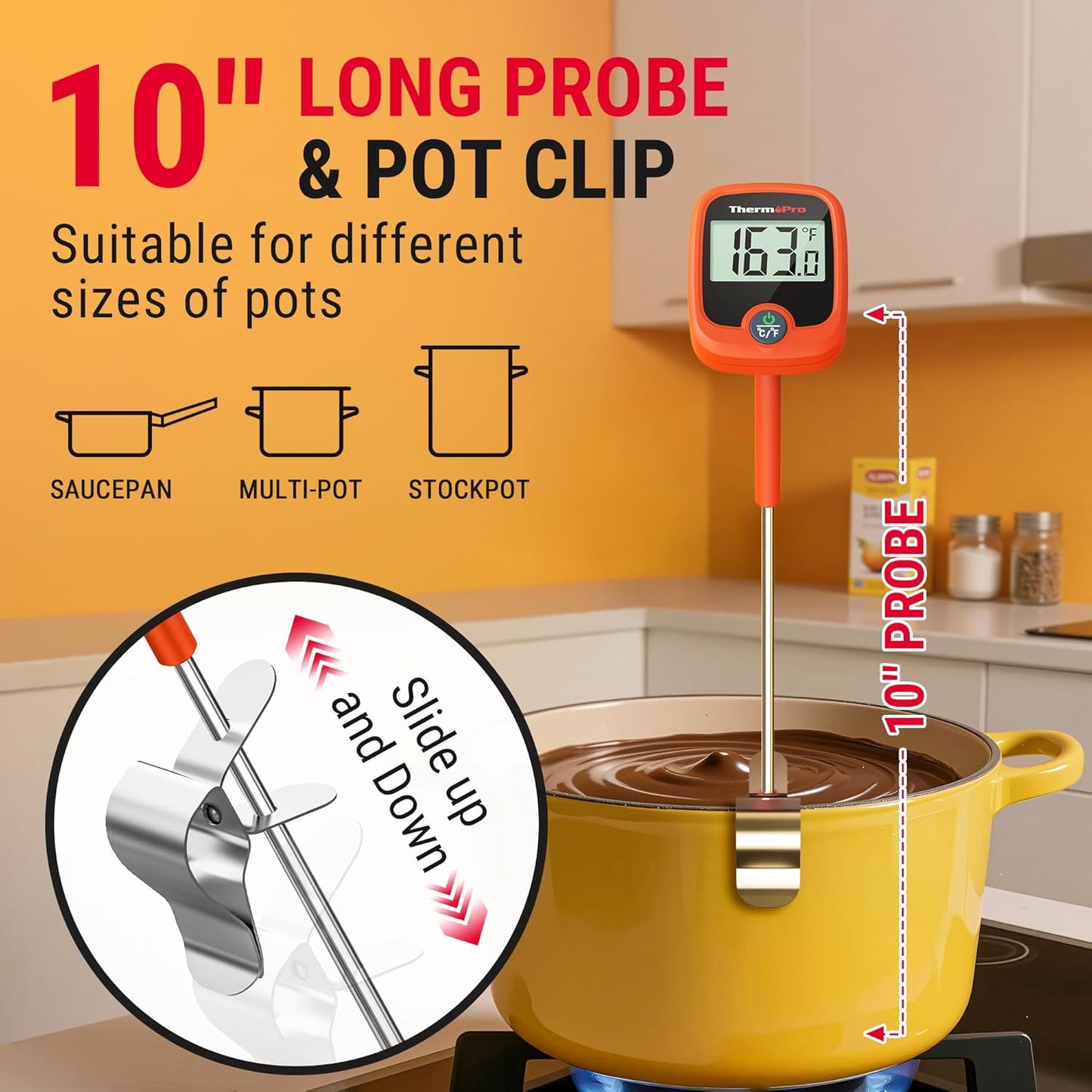 ThermoPro TP509 Candy Thermometer with Pot Clip, 10" Long Probe Instant Read Meat Food Thermometer with LCD, Cooking Oil Thermometer Deep Frying Thermometer for Candy Maple Syrup Sugar Brewing Making