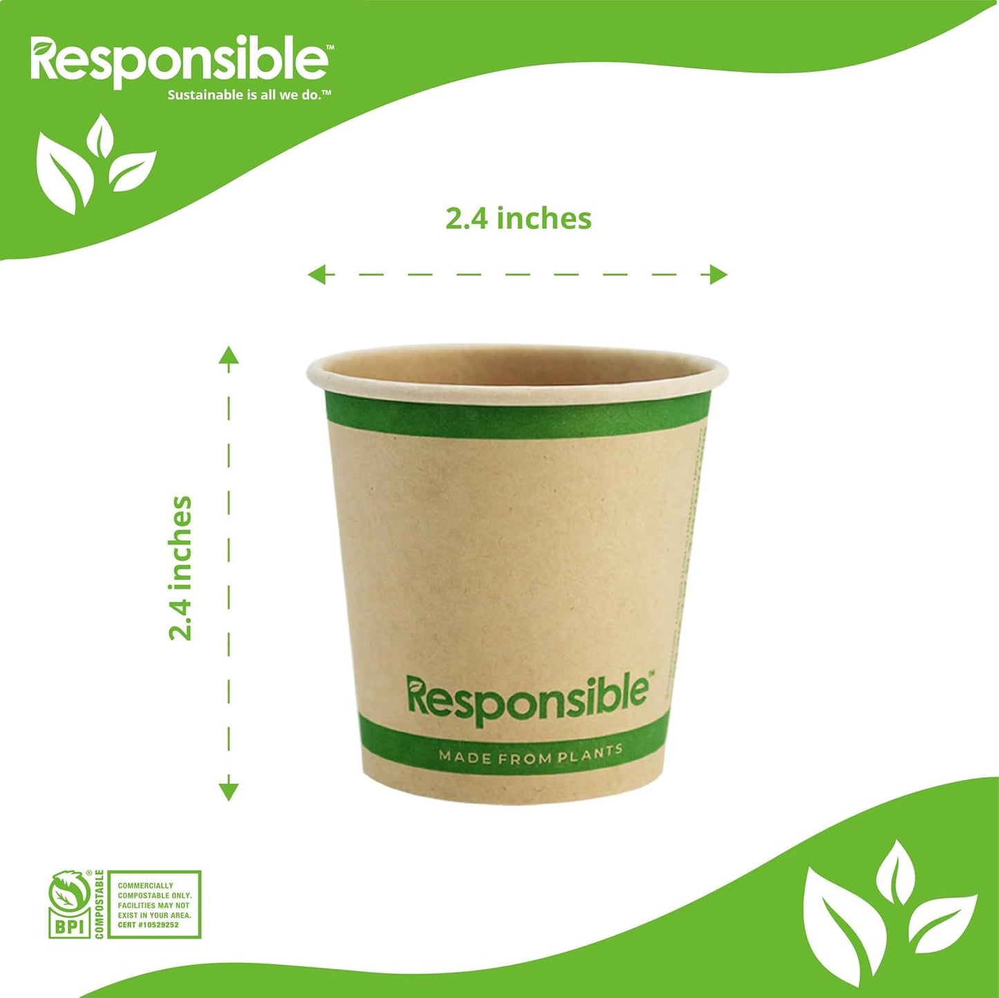4 oz Paper Hot Cups, Tree-Less™ Compostable Paper Coffee Cups, Extra Strength, Tree-Free and Made Without PFAS, Natural Brown (1000 Count)
