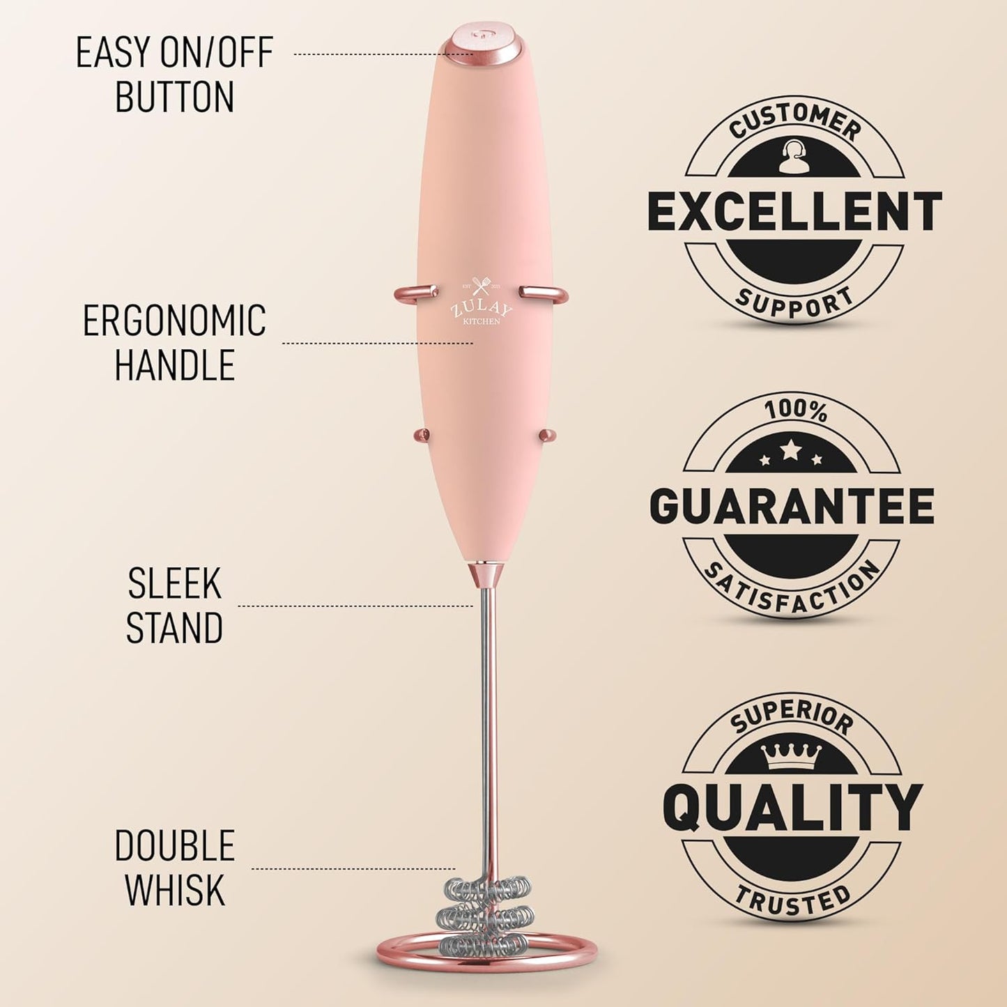 Zulay Kitchen Tornado Whisk Milk Frother with 4 AA Duracell Batteries - Triple Whisk for More Power - Handheld Coffee Frother with Stand - Drink Mixer for Lattes, Matcha & Protein Shakes